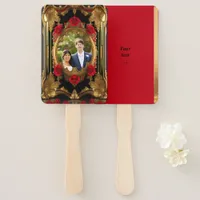 Golden frame with red roses, wedding program  hand fan