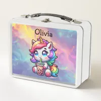 Cute Kawaii Unicorn with Bubble Tea Personalized Metal Lunch Box