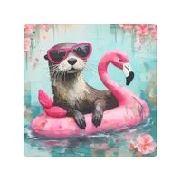 Otter Floating on a Pink Flamingo Funny Collage Metal Print