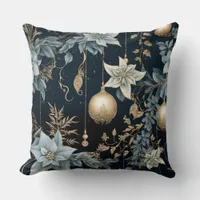 Blue and Gold Christmas Ornaments Poinsettias Throw Pillow