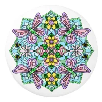 Pink, Blue, Purple's Butterflies, Flowers Mandala Ceramic Knob