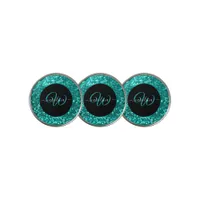 Stylish monogram aqua teal glitter name black golf ball marker