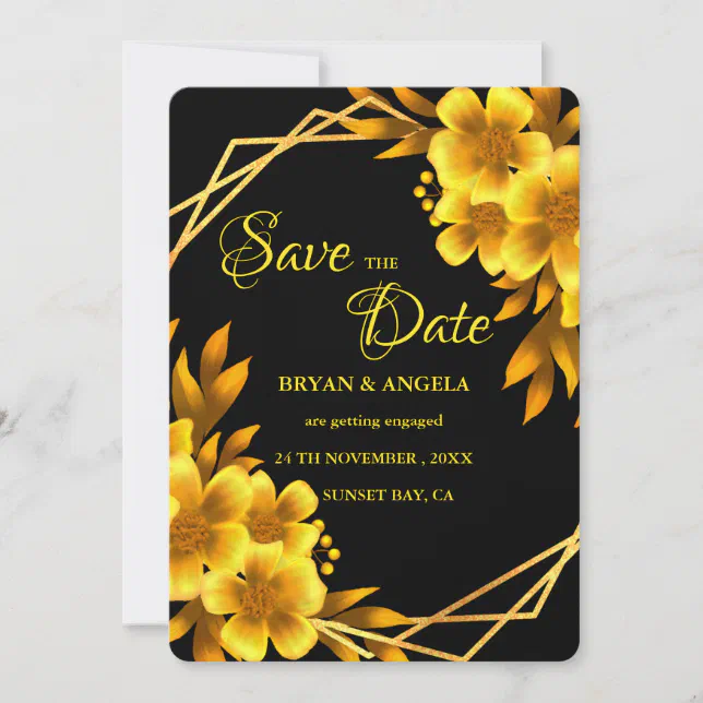 Autumn romance black & gold floral geometric fall save the date