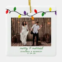 Merry and Married First Christmas Colorful Lights Ceramic Ornament