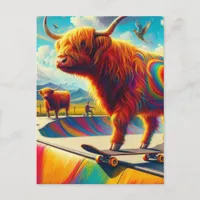 Skateboarding Highland Cow Colorful and Fun Postcard