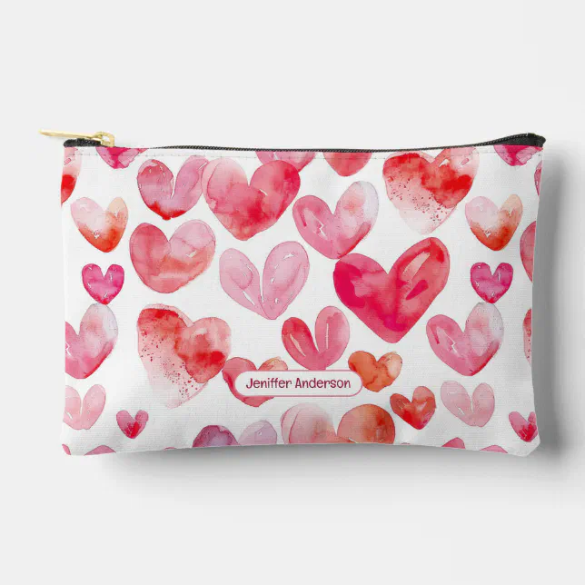 Cute Watercolor Pink Hearts Name Accessory Pouch