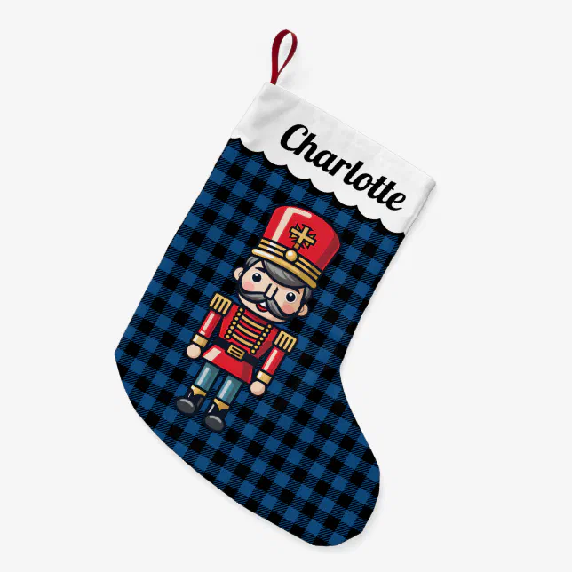 Blue Buffalo Checks Plaid Nutcracker Monogram Name Small Christmas Stocking