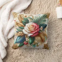 Roses With Gold Leaves on Marble Throw Pillow