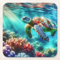 Keeping in Touch  | Sea Turtle Swimming Square Paper Coaster