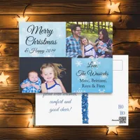 Merry Christmas Family Photo Blue  Snowflakes Holiday Postcard