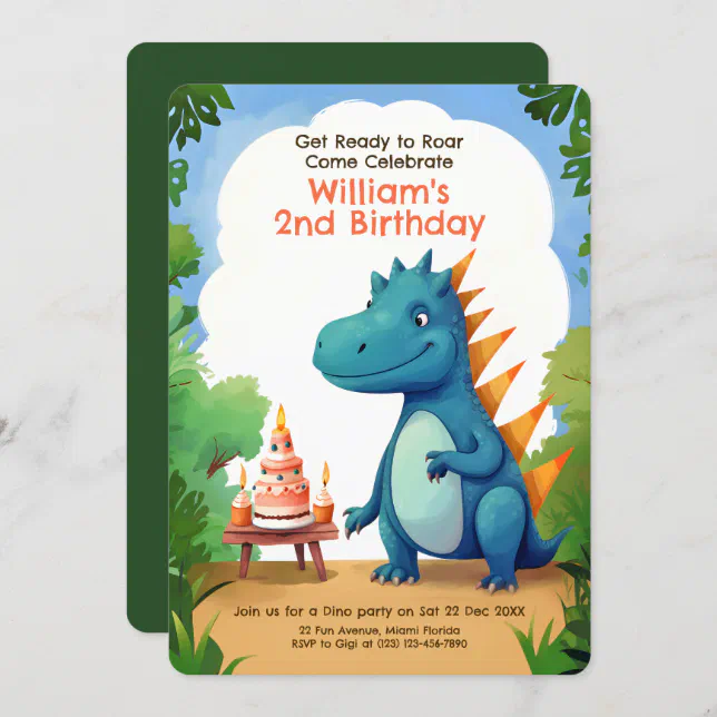 Cute Dinosaur with Cake | Dino Kids Birthday Invitation