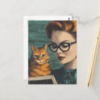 Beautiful Vintage Lady and Her Cat Reading Postcard