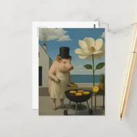 Surreal Pig Grilling Pineapples Postcard