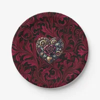 Burgundy Paisley Steampunk Heart Wedding Paper Plates