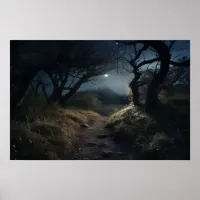 Moonlight walk on winding path through woods poster