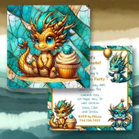Cute Teal and Gold Dragon Boy's Birthday Party Invitation