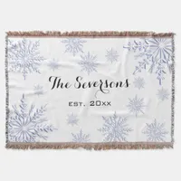 Blue Winter Snowflakes on White Throw Blanket