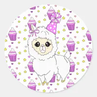 Cute Little Birthday Llama Purple Classic Round Sticker