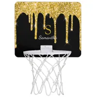 Gold Glitter Drips Sparkle Black Monogram Mini Basketball Hoop