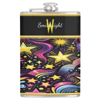 Vibrant Cosmic Patterns Swirl in Enchanting Colors Flask