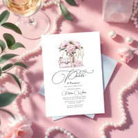 Chic Pearls and Prosecco Pink Floral Bridal Shower Invitation