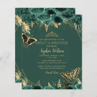 Budget Green Gold Butterfly Sweet 16 Invitation