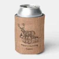 Personalized Rustic Burlap with Deer Illustration Can Cooler