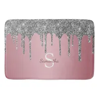 Rose Gold Pink Silver Glitter Drips Monogram Name Bath Mat