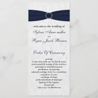 Navy  damask FAUX ribbon diamante buckle Wedding Program