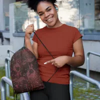 Dark cherry red  with roses drawstring bag