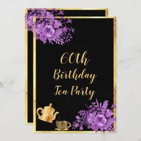 60th birthday tea party black gold purple invitation