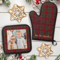 Grandma Personalized Photo Gold Christmas Plaid Oven Mitt & Pot Holder Set