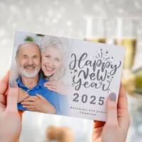 Photo Overlay Silver Glitter Happy New Year 2025 Holiday Card