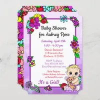 Baby Girl with Teddy Bear Purple Baby Shower Folk Invitation