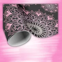 Pretty pink mandala on black | wrapping paper