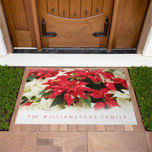 Festive Red White Floral Poinsettias Doormat