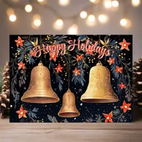 Vintage Golden Bells and Floral Happy Holidays Holiday Card