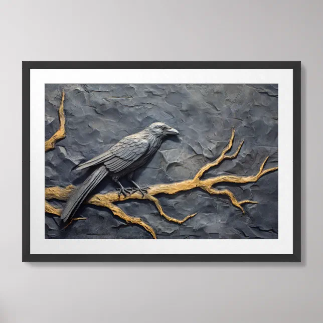 Perched raven in bas relief on slate wall framed art