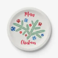 Christmas tree branch with snowflake decorations paper plates