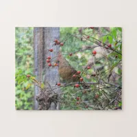 Cardinal at Bird Feeder surrounded by Red Berries Jigsaw Puzzle