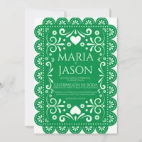 Papel Picado Green White Folk Art Spanish Wedding Invitation
