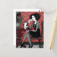 Woman Enjoys Coffee With a Cat Postcard