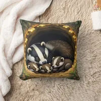 Cute  Badger Family Napping Throw Pillow