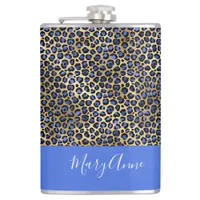 Blue and Gold Cheetah Print Monogram Flask