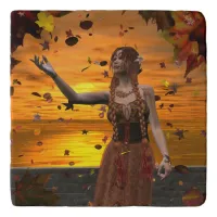 Elf in Falling Leaves Against an Autumn Sunset Trivet