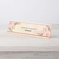 Pampas grass blush pink floral rose gold desk name plate