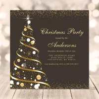 Elegant Brown Gold Sparkle Christmas Tree Party Invitation