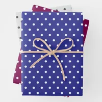 Polka Dots Pattern Set of 3 Blue Burgundy Gray Wrapping Paper Sheets