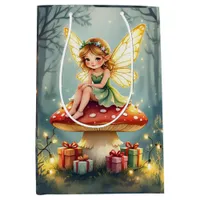 Fairy on a Mushroom in Enchanted Forest Christmas Medium Gift Bag