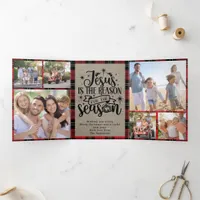 Jesus is the Reason for the Season Photo Plaid Tri-Fold Holiday Card